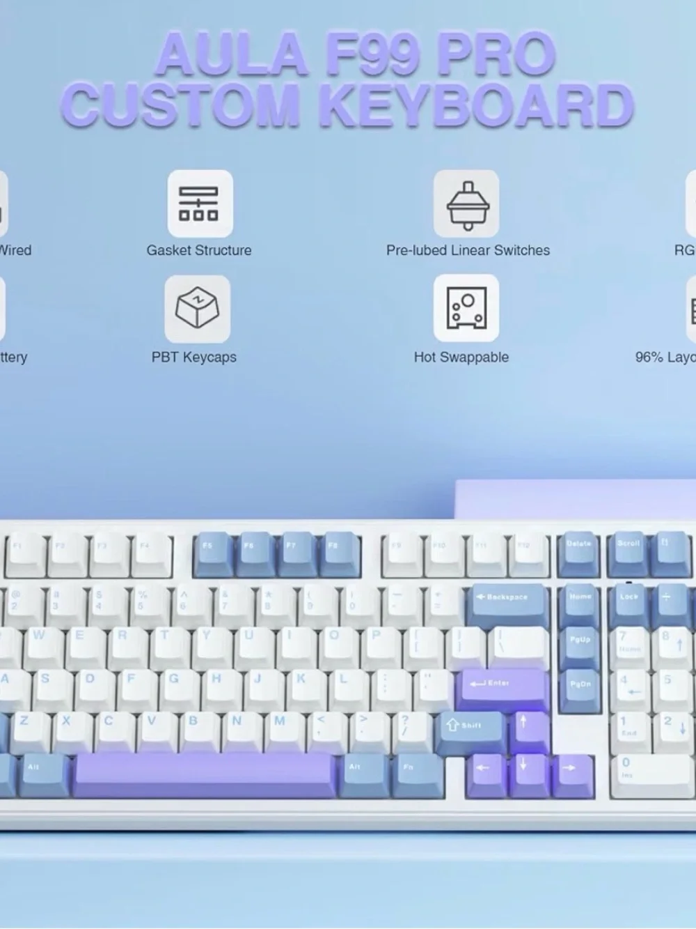 AULA F99 Pro Tri-Mode Wireless Mechanical Keyboard w/ Knob, Blue Purple White